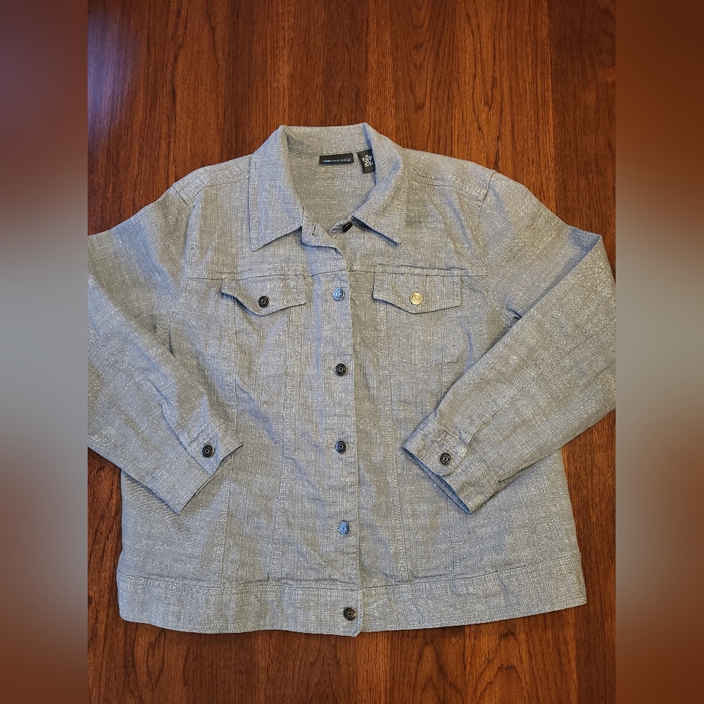 Relativity Women's Gray Cotton Full Length Buttoned Pocket Jean Jacket Casual 2X